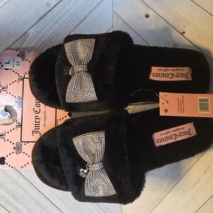 NWT Juicy Couture Black Open Toe Slippers With Faux Crystal Bow + Crown Charm
